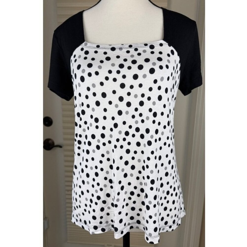 Black White Gray Polka Dot Blouse Top Short Sleeve Square Neck Womens